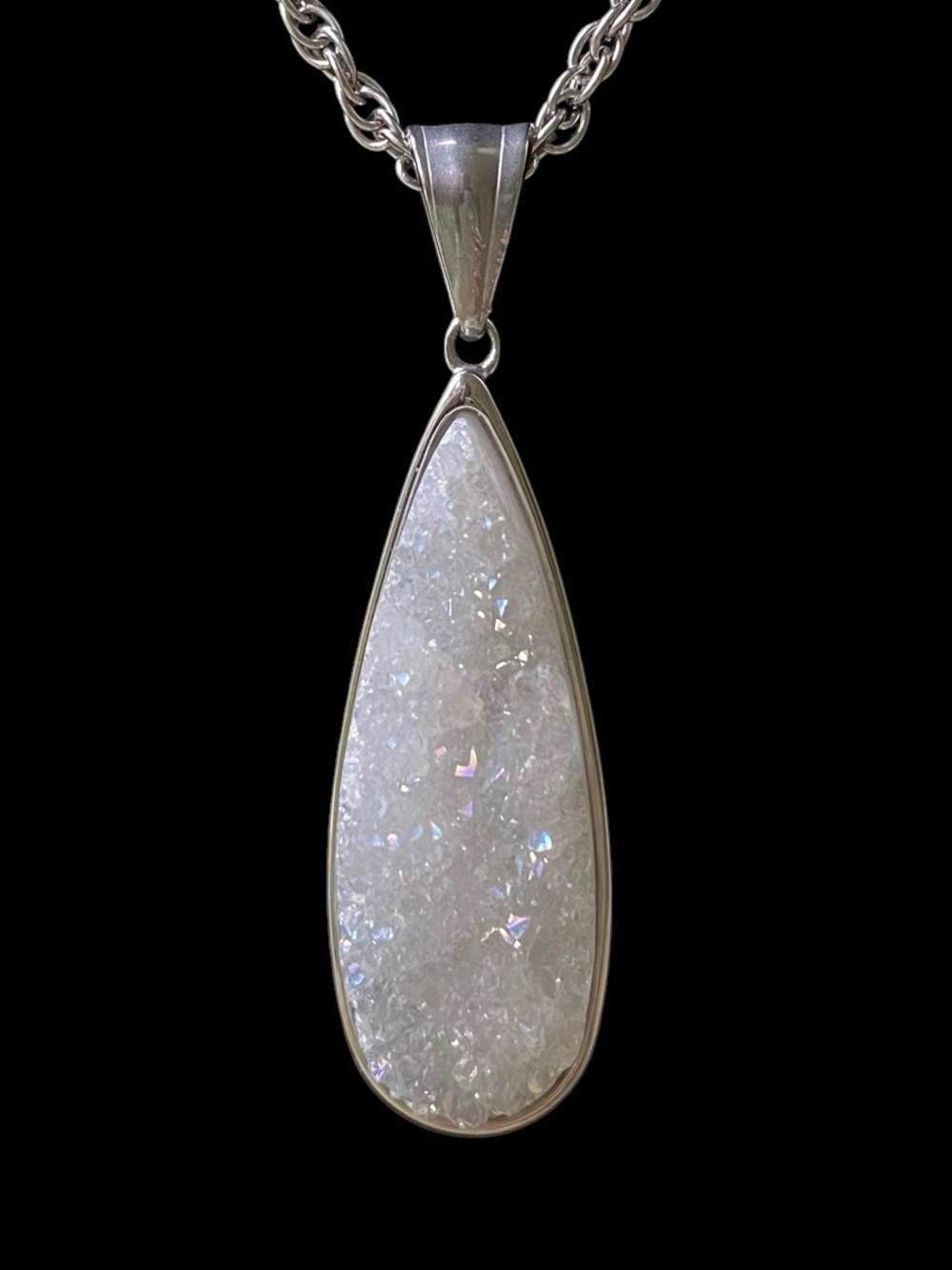 KINSLEY ARMELLE Druzy Gemstone Pendant with Long Necklace Silver Chain 26” L - Picture 3 of 7